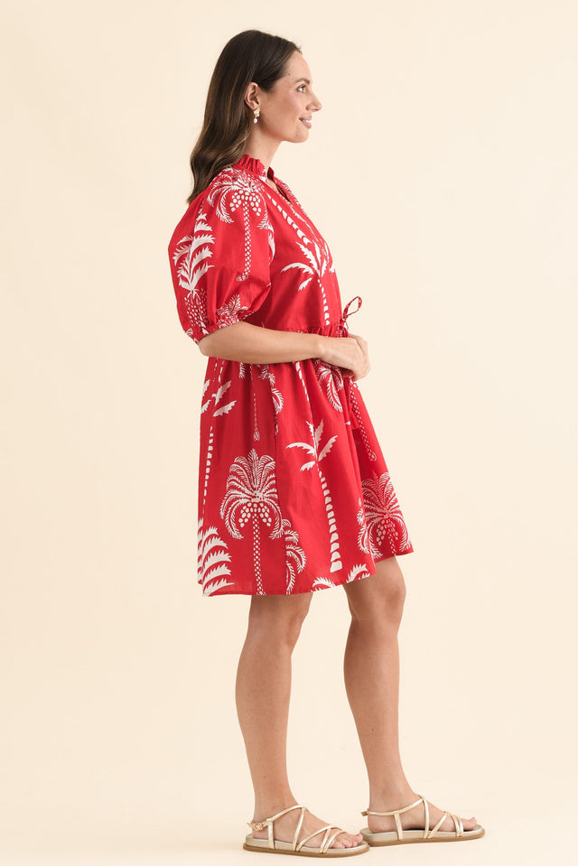 Island Time Red Palm Cotton Dress,Side,Brunette model,alt text|model:MJ image 3