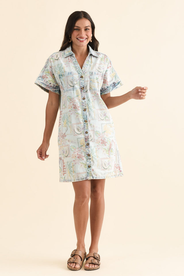 Jade Orange Holiday Denim Shirt Dress,Front,Brunette model,alt text|model:Brontie