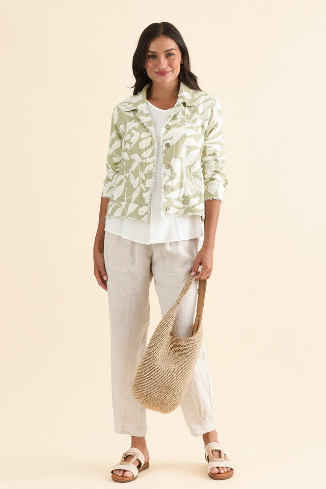 Jamie Khaki Leaf Linen Blend Jacket,Full Body,Brunette model,alt text|model:Brontie