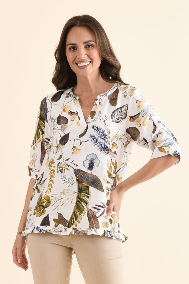 Jamilah Green Garden V Neck Top,Front,Brunette model,alt text|model:MJ image 1