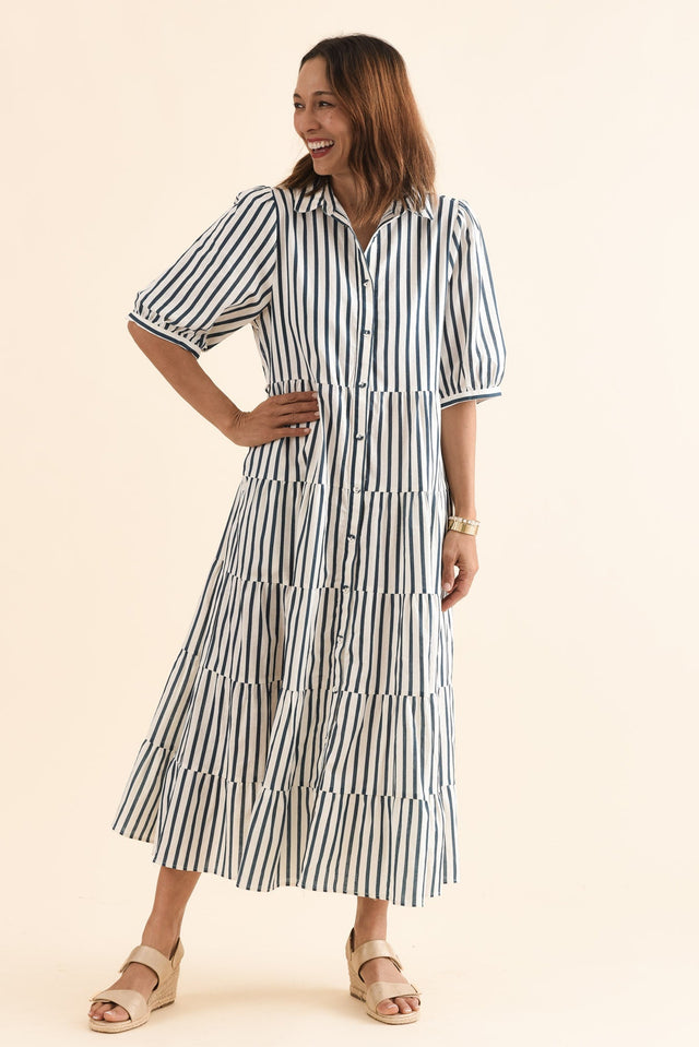 Jane Navy Stripe Linen Shirt Dress,Full Body,Brunette model,alt text|model:Cara image 2