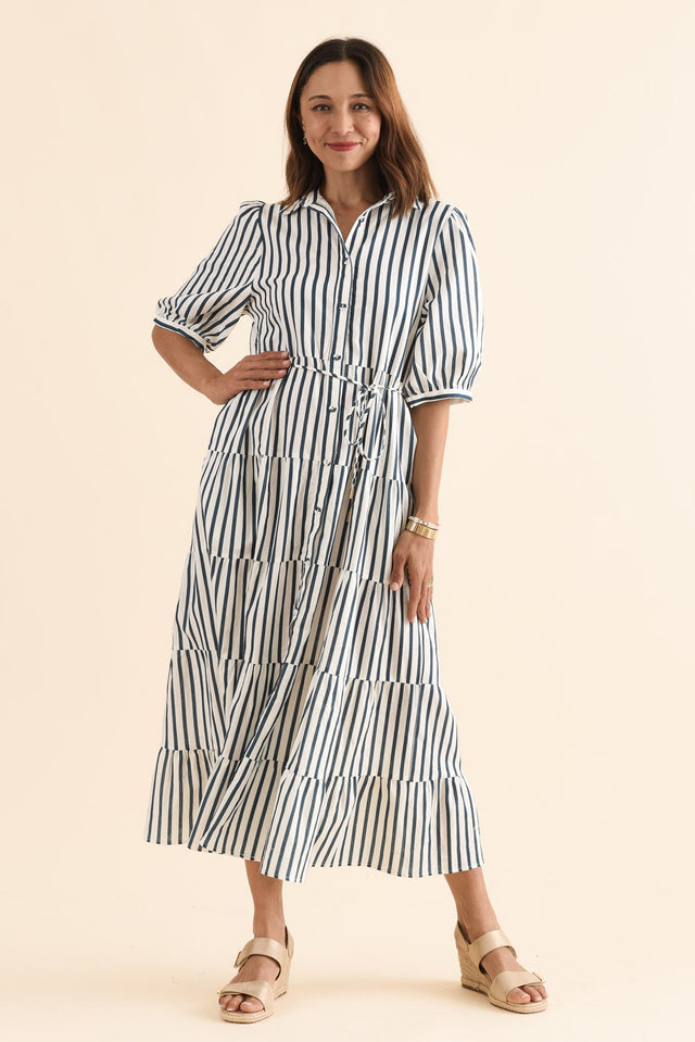 Jane Navy Stripe Linen Shirt Dress,Front,Brunette model,alt text|model:Cara image 1
