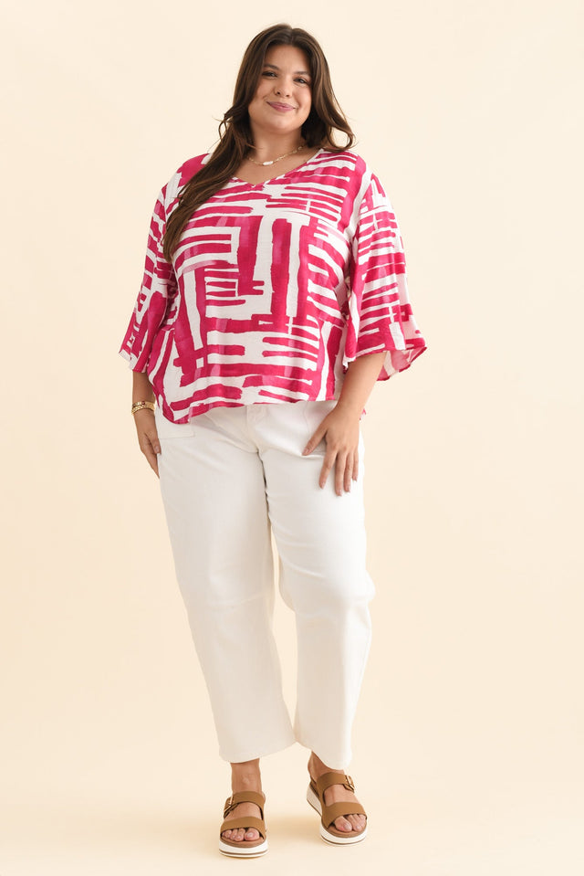 Janelle Pink Geo V Neck Top,Brunette model,alt text|model:Gabby image 9