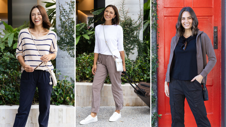 Brunette women in comfortable stretchy travel outfits in neutral colours look ready to go. One pictured with a suitcase.