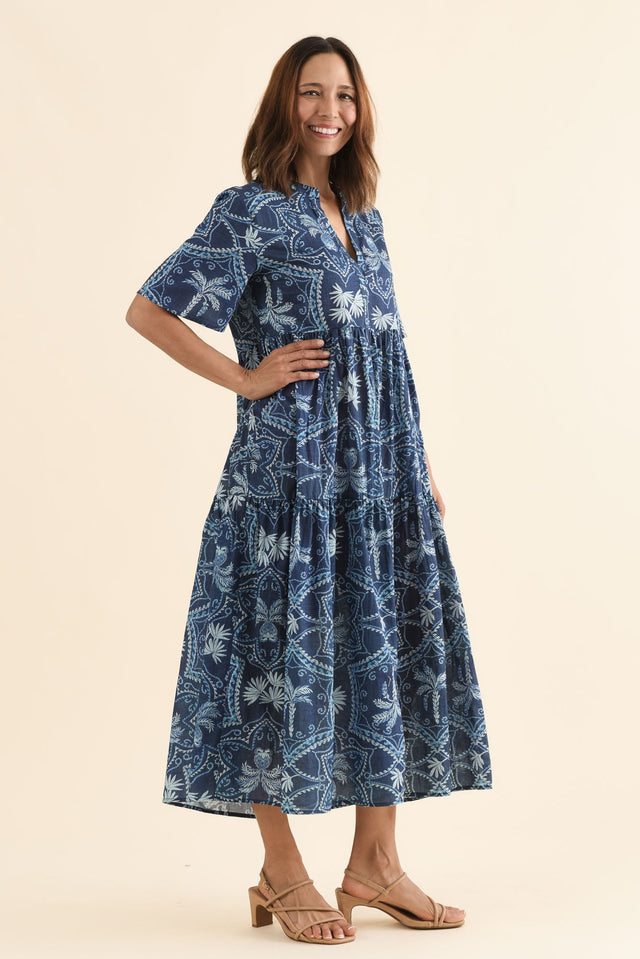 Jasira Blue Palm Cotton Tiered Dress,Side,Brunette model,alt text|model:Cara image 5