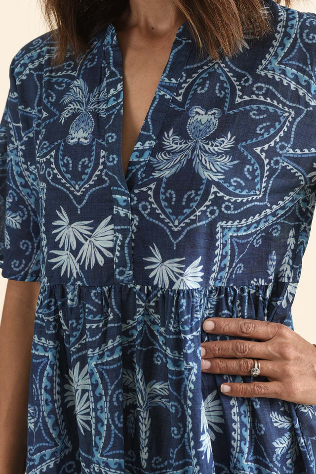 Jasira Blue Palm Cotton Tiered Dress,Detail,Brunette model,alt text|model:Cara image 7