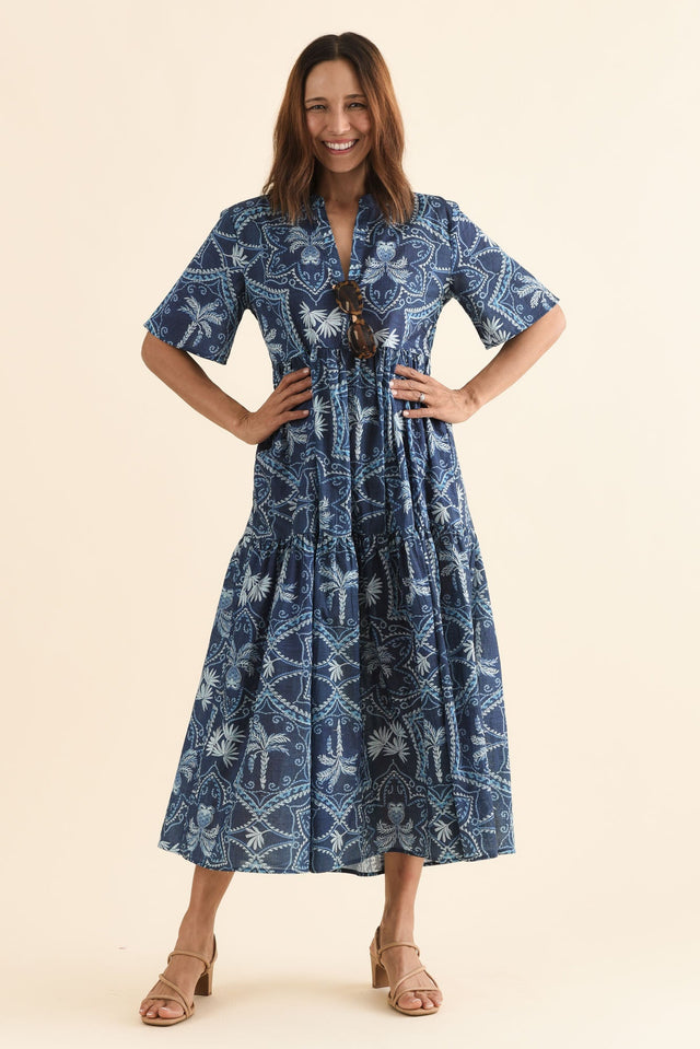 Jasira Blue Palm Cotton Tiered Dress,Full Body,Brunette model,alt text|model:Cara image 8