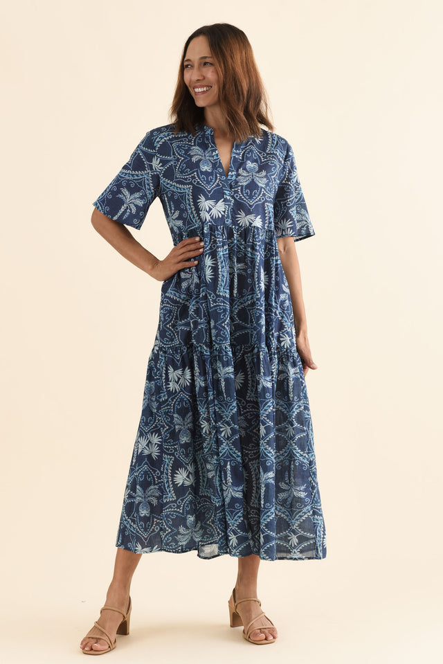 Jasira Blue Palm Cotton Tiered Dress