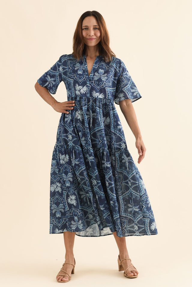 Jasira Blue Palm Cotton Tiered Dress,Full Body,Brunette model,alt text|model:Cara
