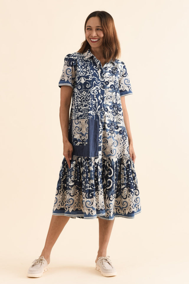 Jaslyn Navy Patchwork Cotton Shirt Dress,Full Body,Brunette model,alt text|model:Cara image 2