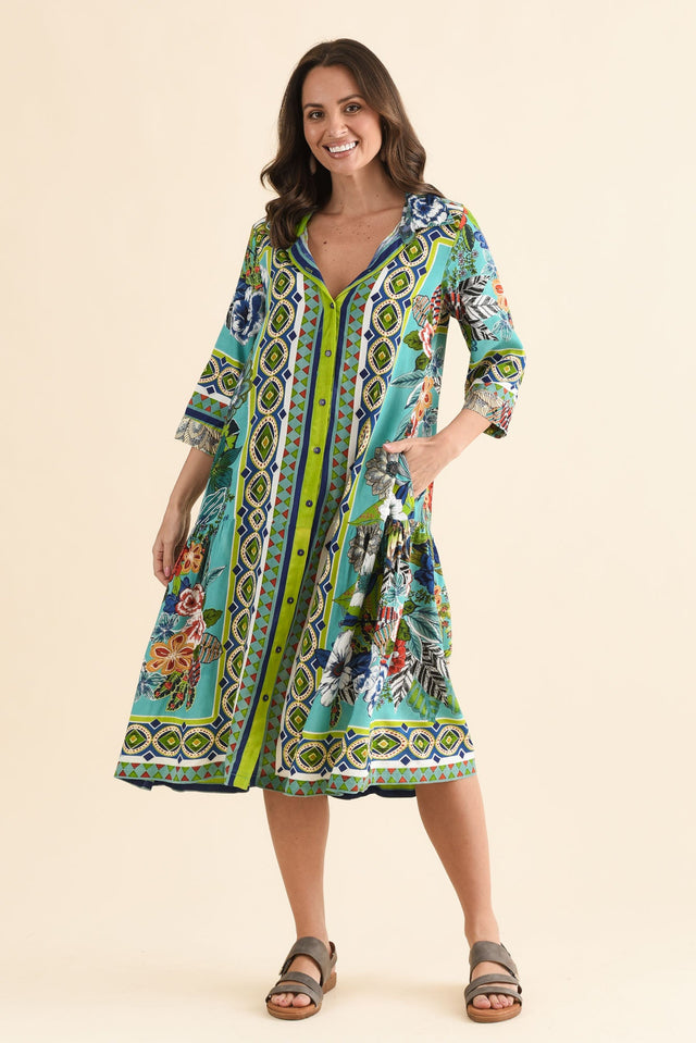 Jaxon Green Floral Tie Dress,Front,Brunette model,alt text|model:MJ image 1