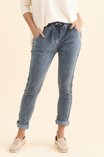 Jaya Blue Drawstring Pants,Brunette model,alt text|model:MJ