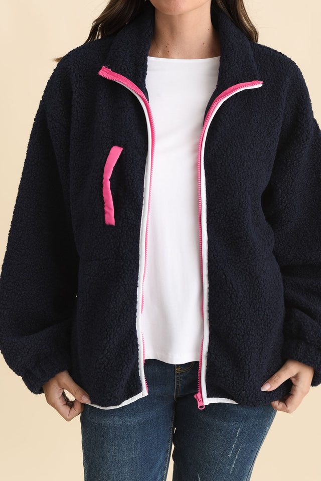 Jayne Navy Contrast Fleece Jacket,Brunette model,alt text|model:MJ image 6