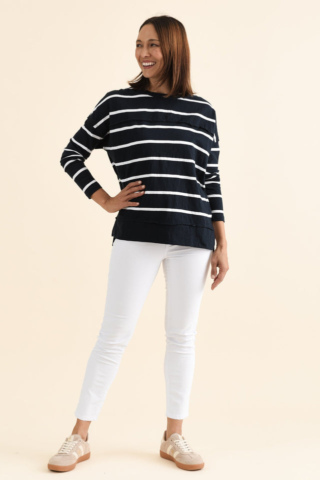 Jayne Navy Stripe Cotton Throw On Top,brunette model,Full Outfit,alt text|model:Cara image 6