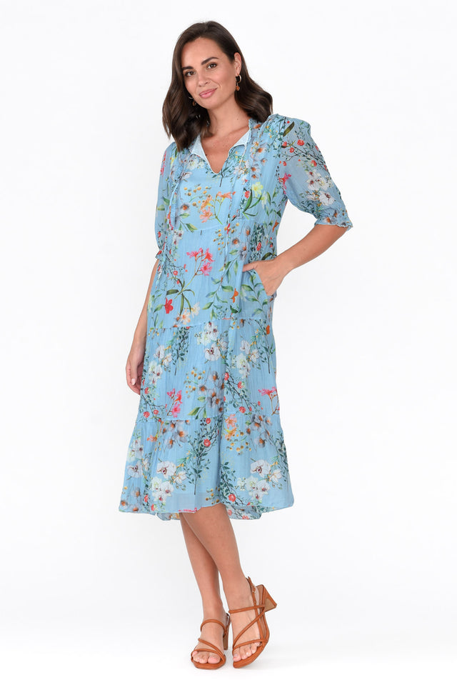 Jeanette Blue Floral Cotton Frill Dress