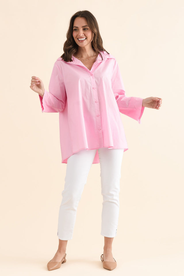 Jeanie Pink Cotton Pleated Shirt,Full Body,Brunette model,alt text|model:MJ image 2
