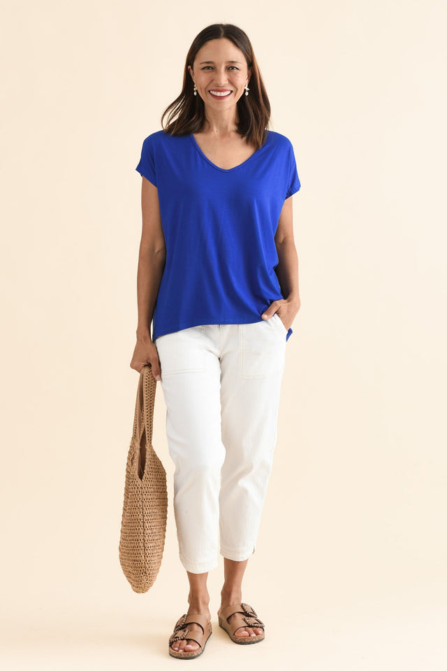 Jenner Cobalt V Neck Tee,Full Body,Brunette model,alt text|model:Cara image 2