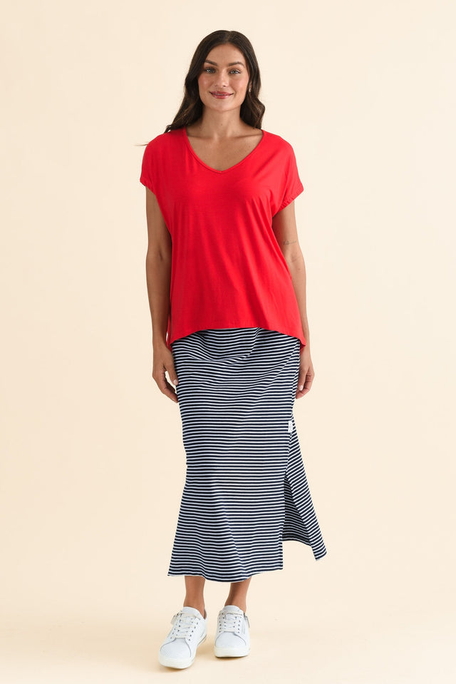 Jenner Red V Neck Tee,Full Body,Brunette model,alt text|model:Brontie image 3