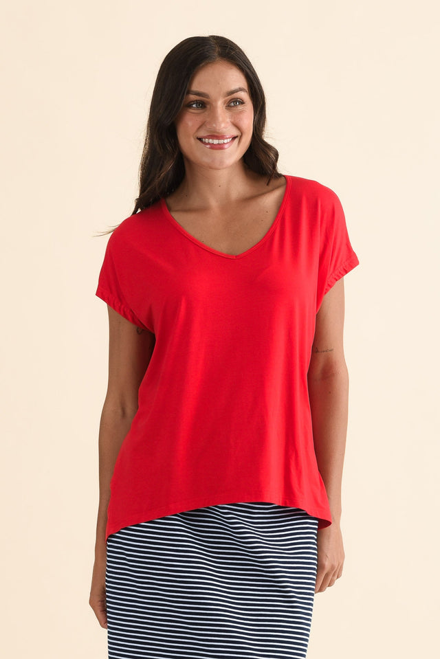 Jenner Red V Neck Tee,Front,Brunette model,alt text|model:Brontie