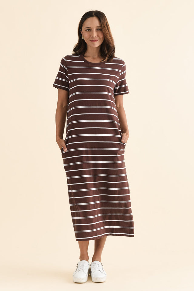 Jessa Chocolate Stripe Cotton Pocket Dress,Full Body,Brunette model,alt text|model:Cara