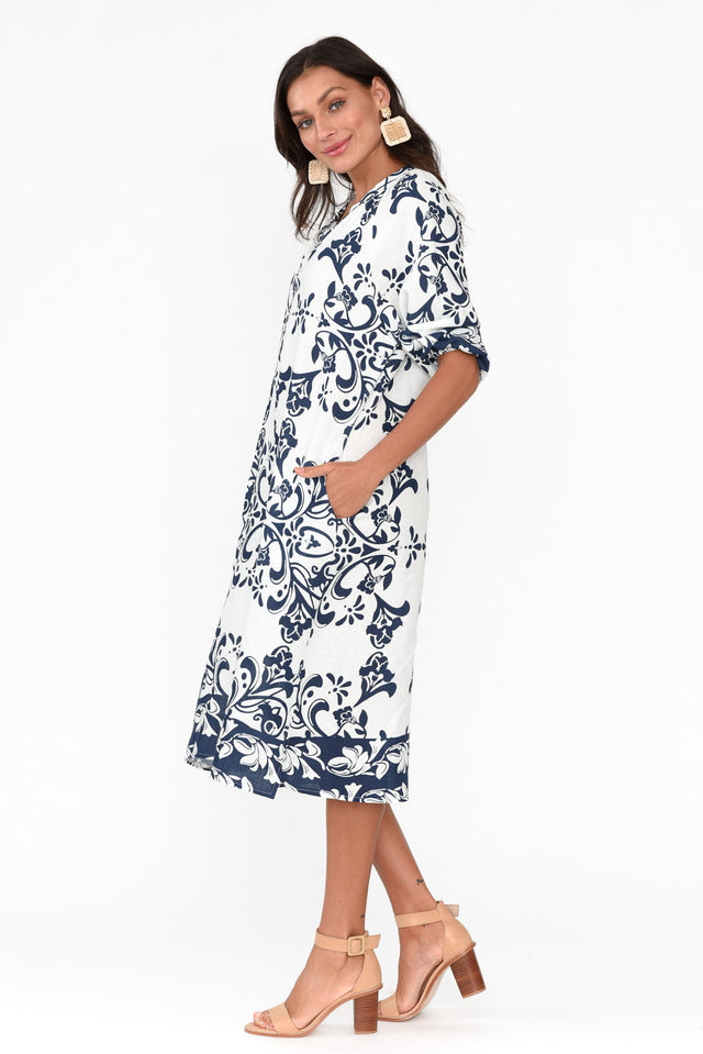 Jewel Navy Floral Linen Cotton Dress image 5