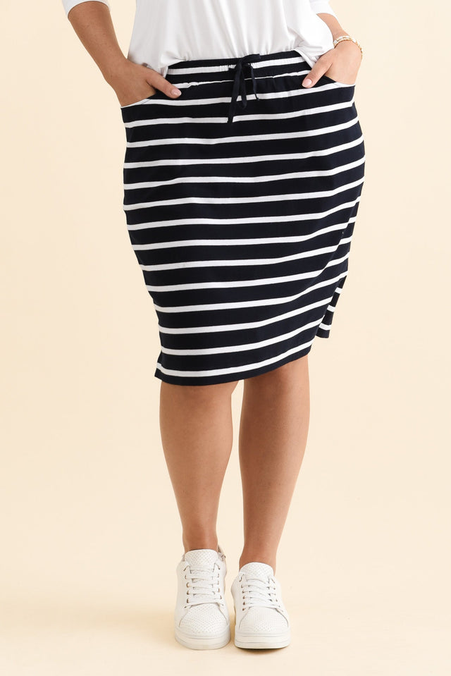Johnnie Navy Stripe Cotton Drawstring Skirt,Brunette model,alt text|model:Emilia image 7
