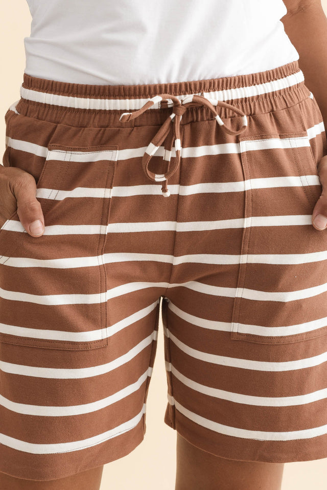 Jonah Chocolate Stripe Cotton Drawstring Shorts,Brunette model,alt text|model:Cara image 6