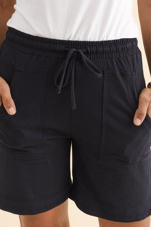 Jonah Navy Cotton Drawstring Shorts,Brunette model,alt text|model:Cara image 6