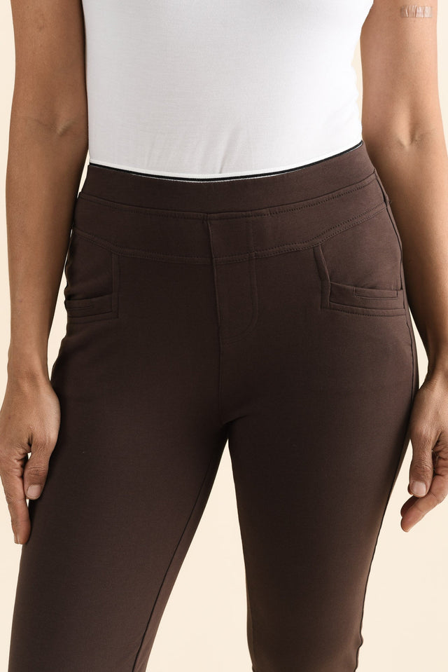 Jove Chocolate Cotton Stretch Pants,brunette model,Close up of outfit,alt text|model:Cara image 5