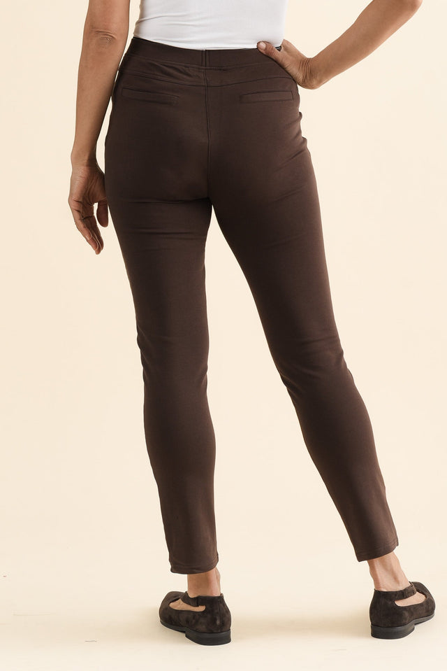 Jove Chocolate Cotton Stretch Pants,brunette model,Back of Outfit,alt text|model:Cara image 4