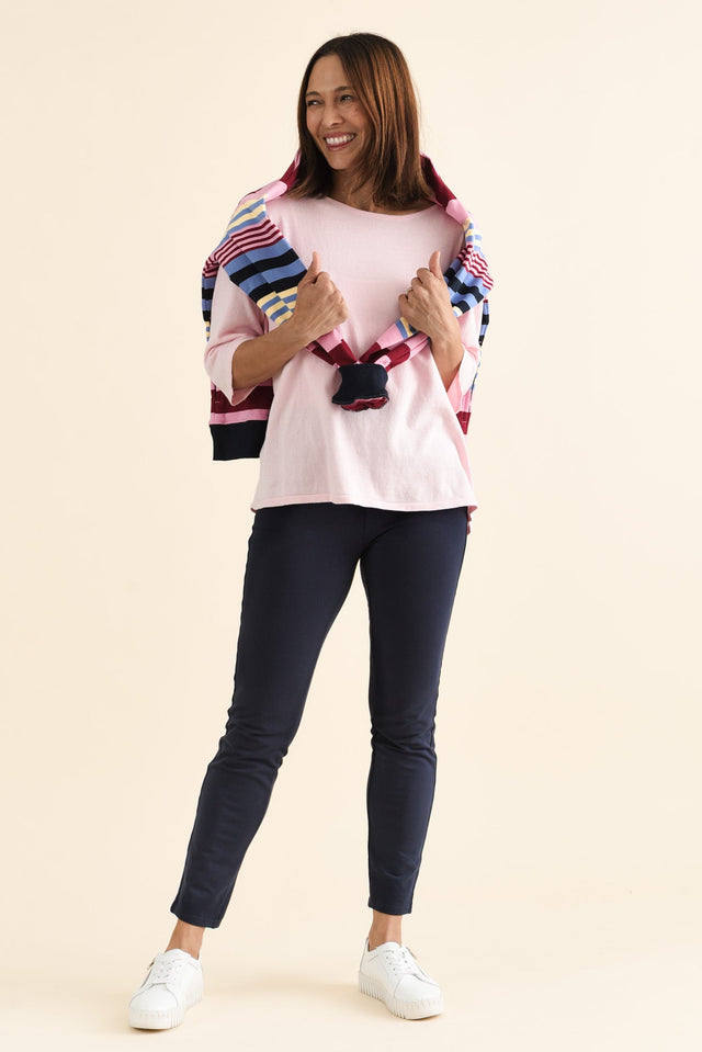 Jove Navy Cotton Stretch Pants,brunette model,Full Outfit,alt text|model:Cara