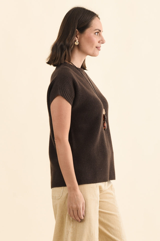 Joyce Chocolate Wool Cashmere Tee,Brunette model,alt text|model:MJ image 4