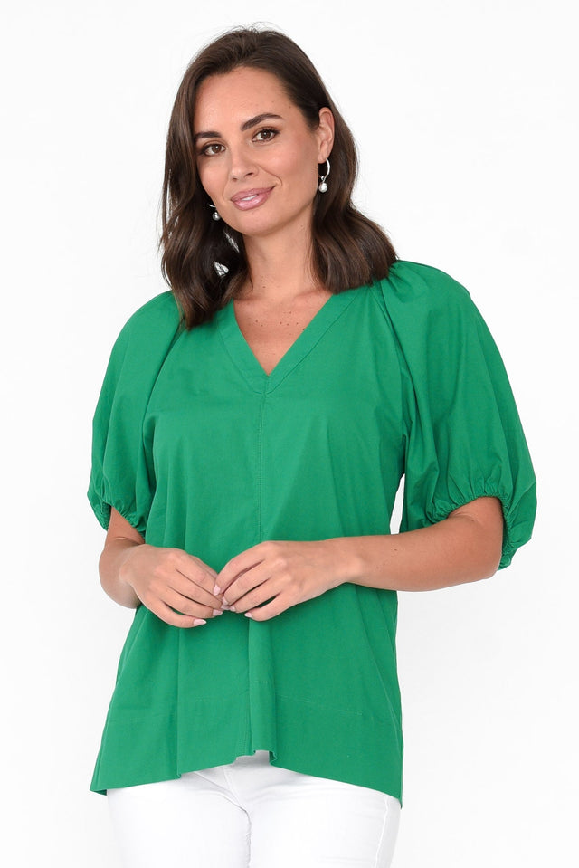 Juliet Green Cotton Blouse Top neckline_V Neck  alt text|model:MJ;wearing:AU 8 / US 4 image 1