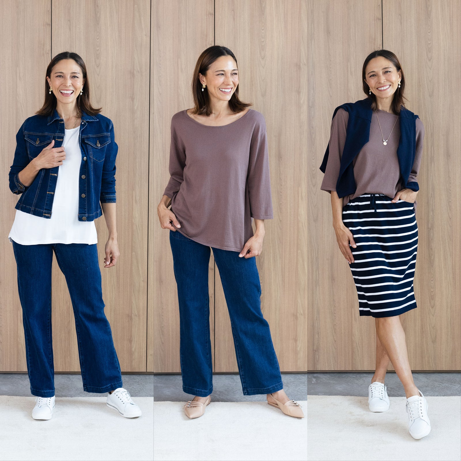 Brunette woman in three outfits perfect for a travel capsule wardrobe, including dark denim jeans and jacket, brown top and stripe skirt with different shoes.