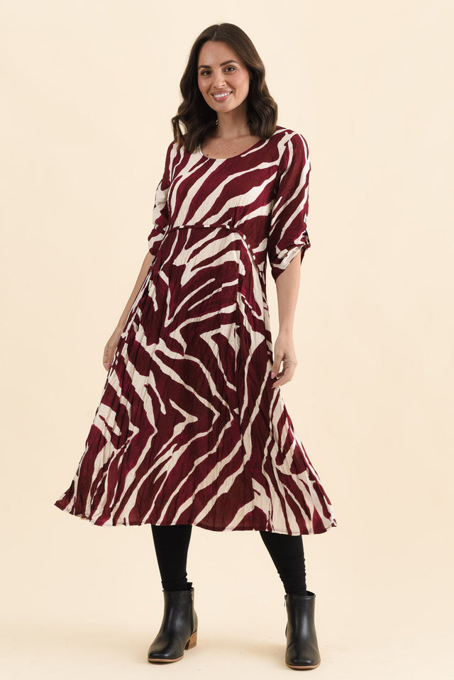 Juna Burgundy Abstract Crescent Dress,Full Body,Brunette model,alt text|model:MJ image 3