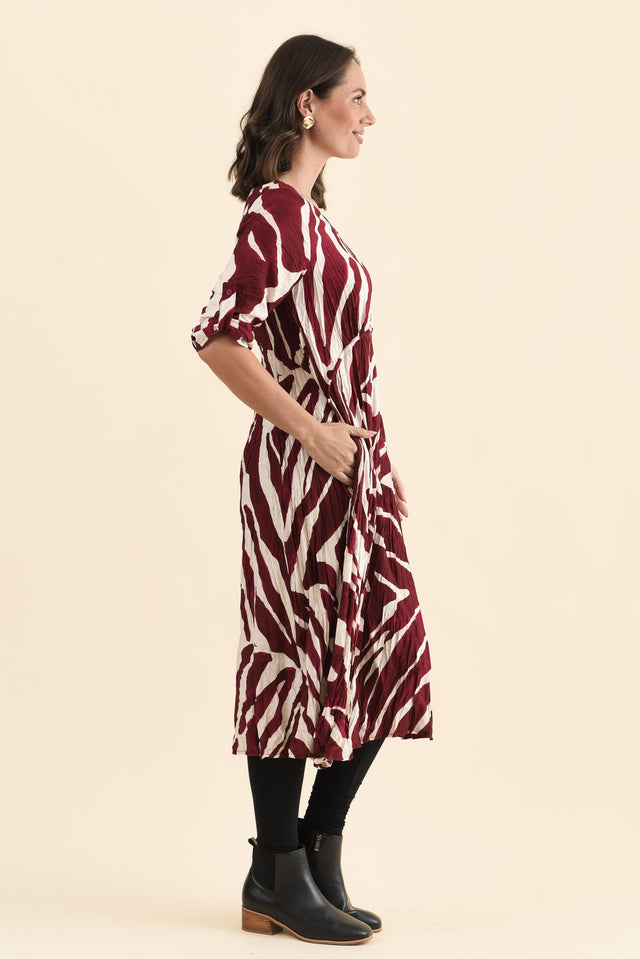 Juna Burgundy Abstract Crescent Dress,Side,Brunette model,alt text|model:MJ image 4