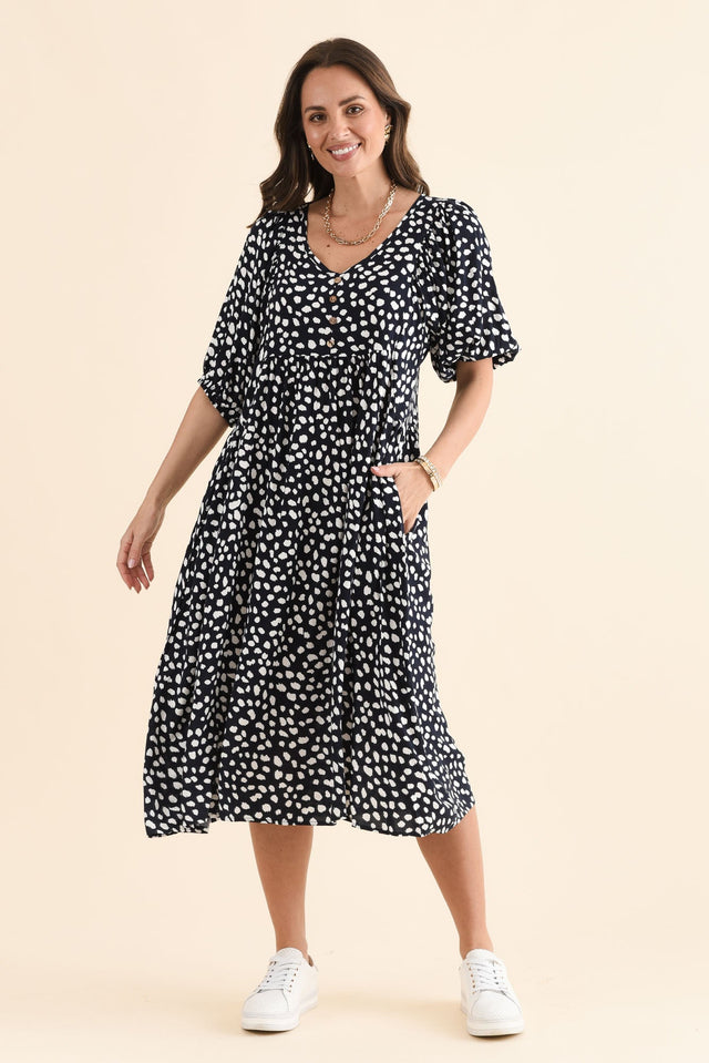 Kacey Navy Spot Button Dress,Full Body,Brunette model,alt text|model:MJ image 2