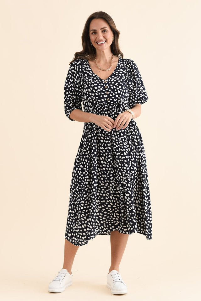 Kacey Navy Spot Button Dress,Full Body,Brunette model,alt text|model:MJ image 6