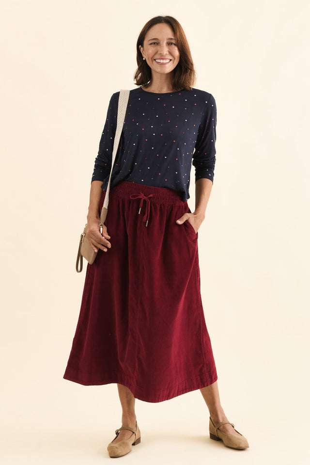 Winnie Burgundy Corduroy Cotton Skirt,Full Body,Brunette model,alt text|model:Cara