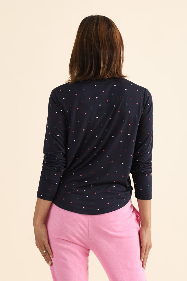 Kaja Navy Spot Long Sleeve Tee,brunette model,Back of Outfit,alt text|model:Cara image 5