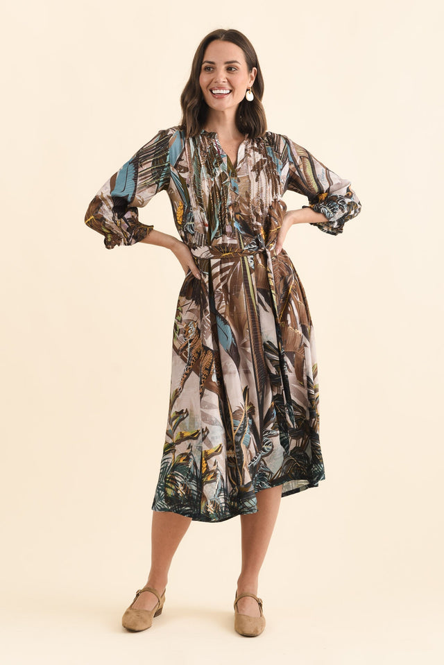 Kalmia Brown Jungle Pleated Tie Dress,Brunette model,alt text|model:MJ image 8