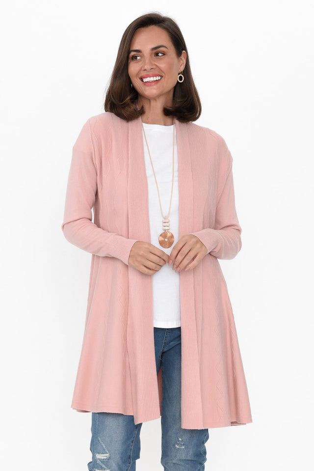 Kansas Blush Knit Cardigan print_Plain length_Long hem_Straight colour_Pink CARDIGANS  alt text|model:MJ;wearing:S/M