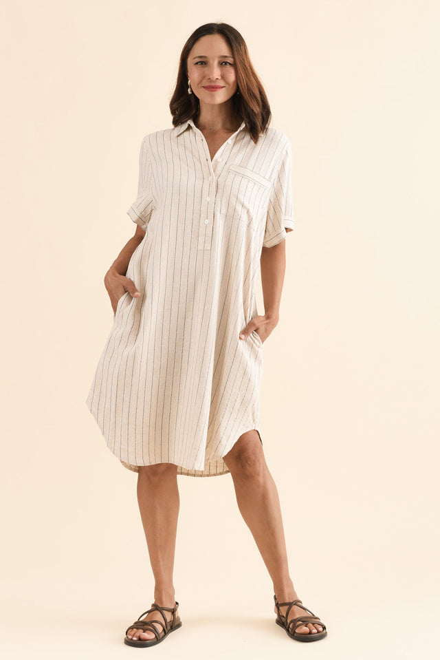 Kareem Beige Stripe Cotton Collared Dress,Full Body,Brunette model,alt text|model:Cara image 2