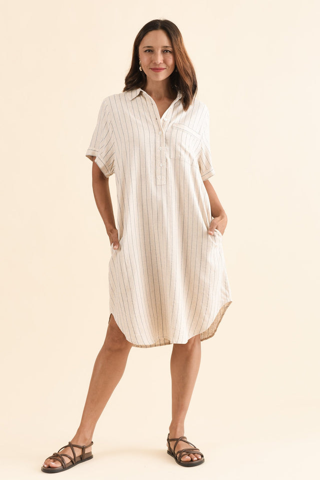 Kareem Beige Stripe Cotton Collared Dress,Full Body,Brunette model,alt text|model:Cara image 6