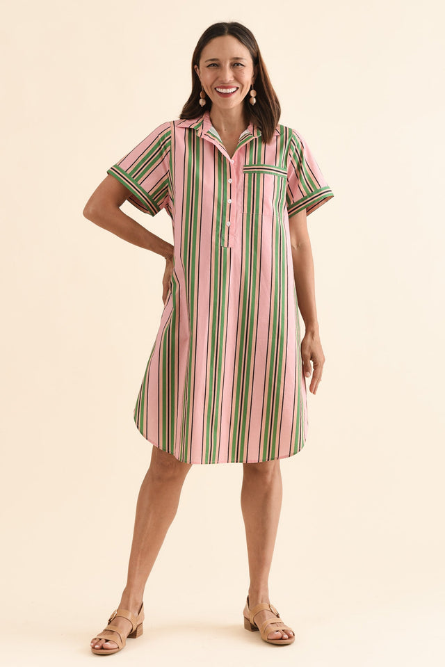 Kareem Green Stripe Cotton Collared Dress,Full Body,Brunette model,alt text|model:Cara image 6