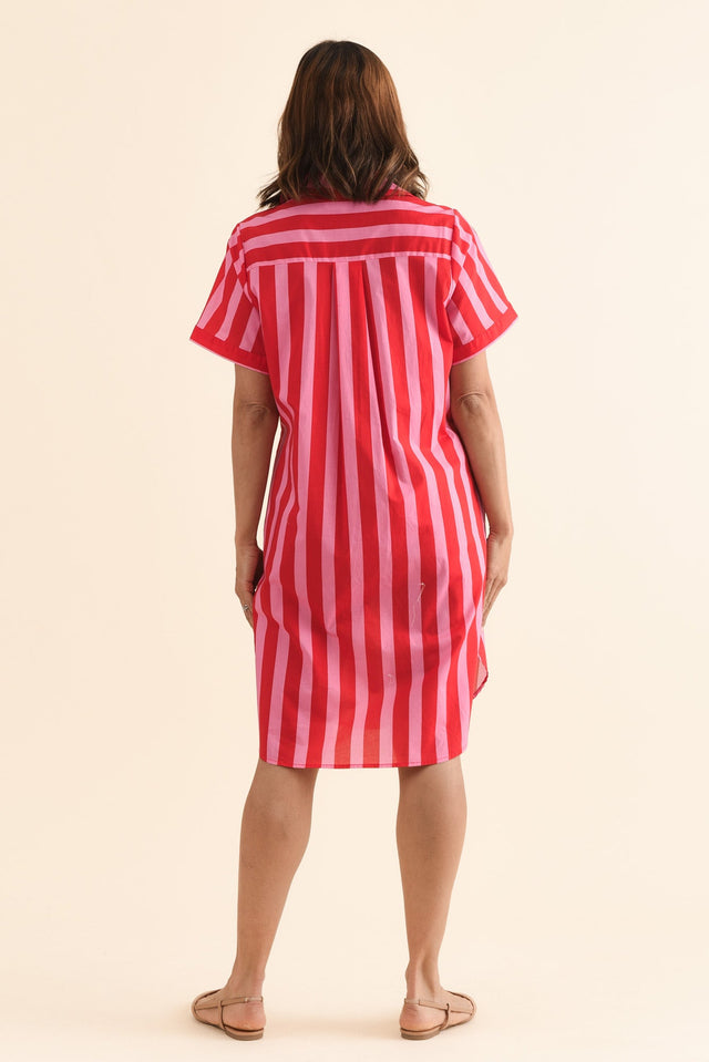 Kareem Red Stripe Cotton Collared Dress,Back,Brunette model,alt text|model:Cara image 5