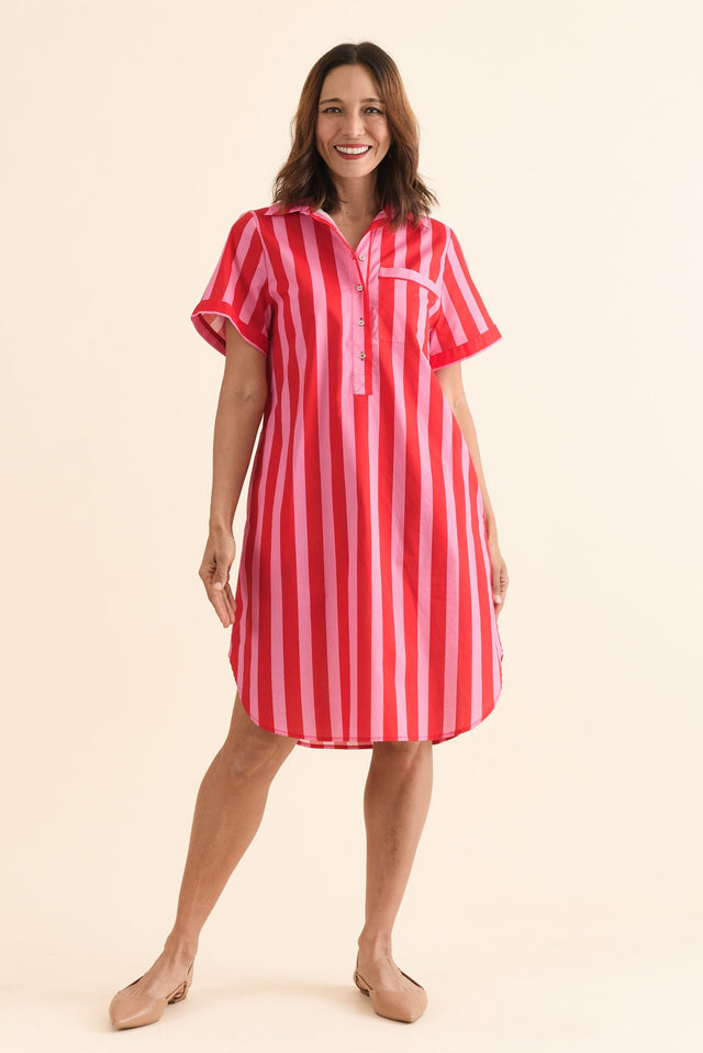 Kareem Red Stripe Cotton Collared Dress,Full Body,Brunette model,alt text|model:Cara image 3
