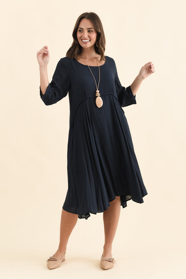 Karina Navy Crescent Dress,Brunette model,alt text|model:MJ image 3