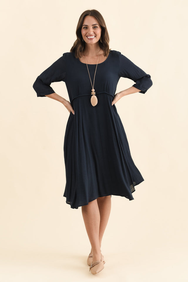 Karina Navy Crescent Dress,Brunette model,alt text|model:MJ image 7
