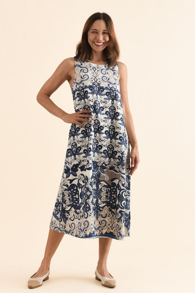 Karlan Navy Patchwork Cotton Pocket Dress,Full Body,Brunette model,alt text|model:Cara image 2